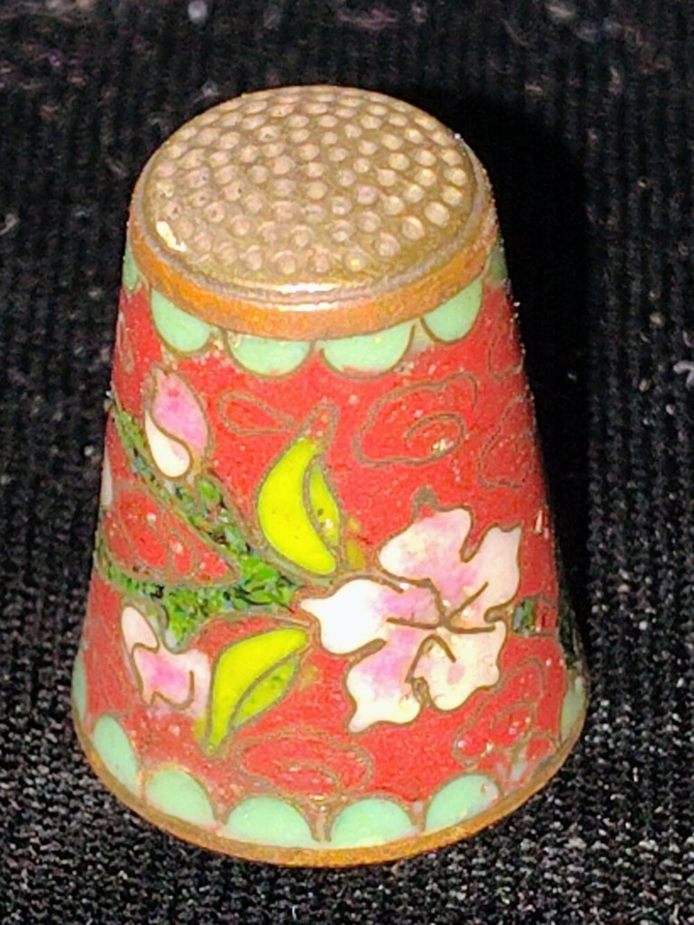 Vintage Cloisonné Enamel Thimble – Red Floral & Turquoise Interior